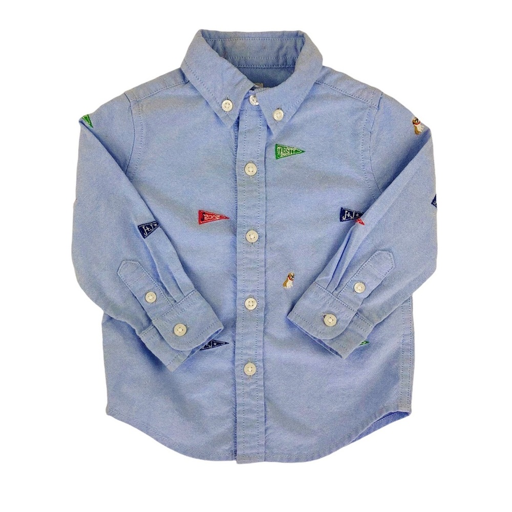 Janie & Jack Button Down Long Sleeve Shirt Varsity Flags Bulldog 6-12 Months